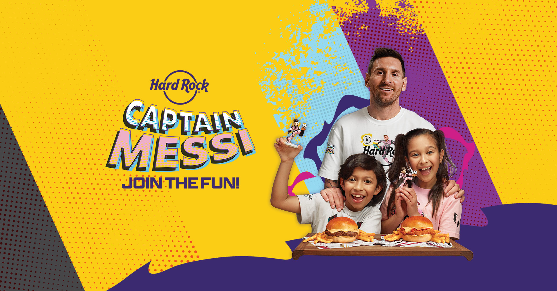 Hard Rock X Messi Kids Lionel Messi with kids playing with Messi toy and eating Messi Chicken Sandwich