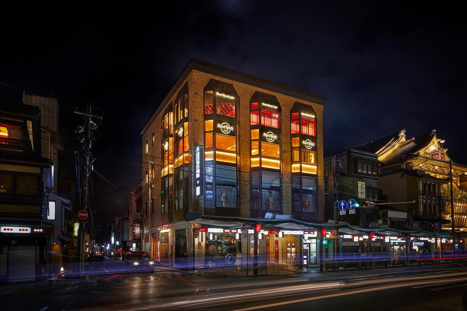 a building with lights on the windows