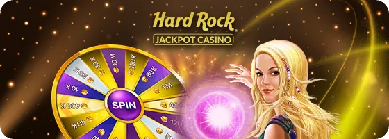Hard Rock Jackpot Casino game screen with a spinning wheel and a female character