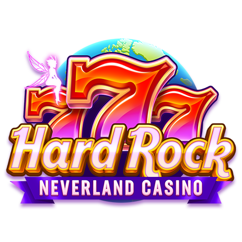 Hard Rock Neverland Casino logo featuring glowing red 777 slot icons with a fairy silhouette on a colorful globe backdrop.