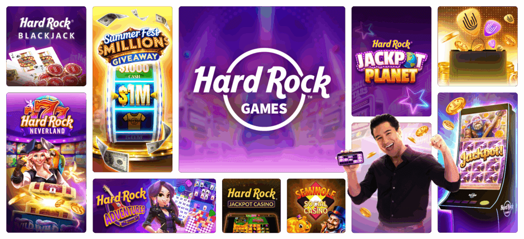 Hard Rock Games collage featuring Mario Lopez and its free-to-play games