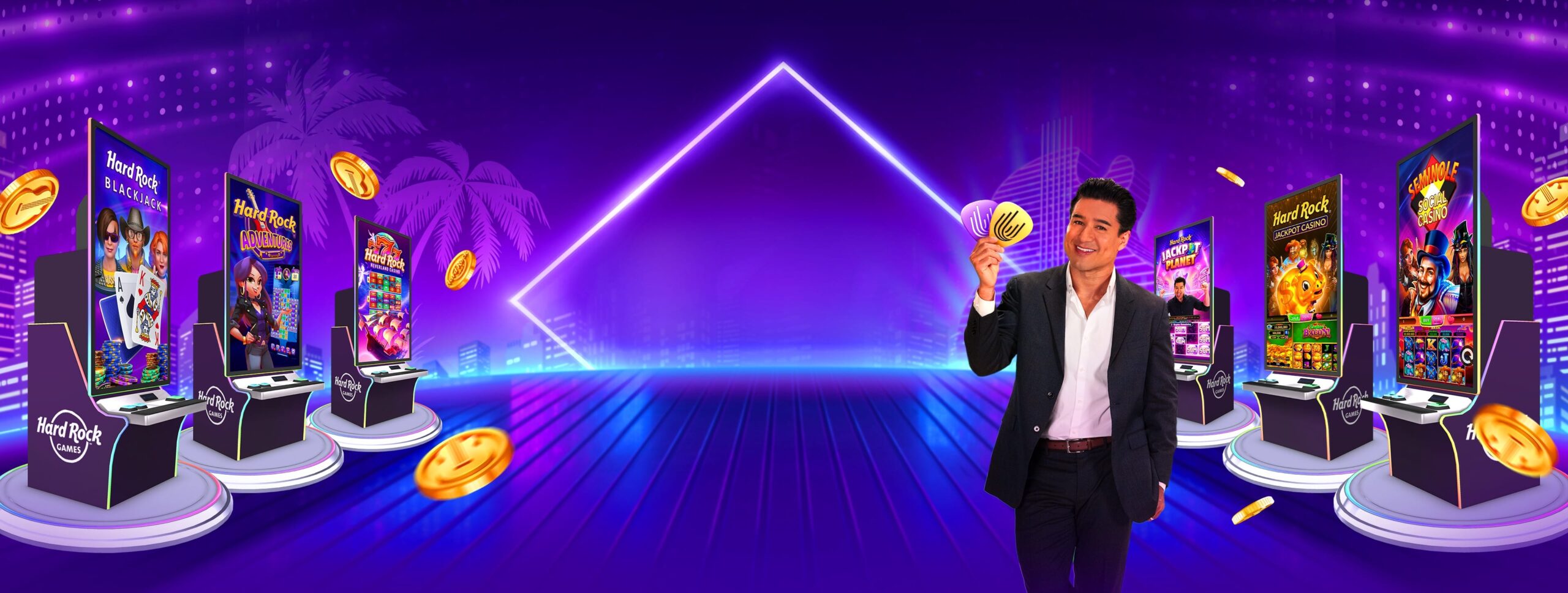 Hard Rock Games arcade showcasing mobile games and the Free Games Real Rewards campaign