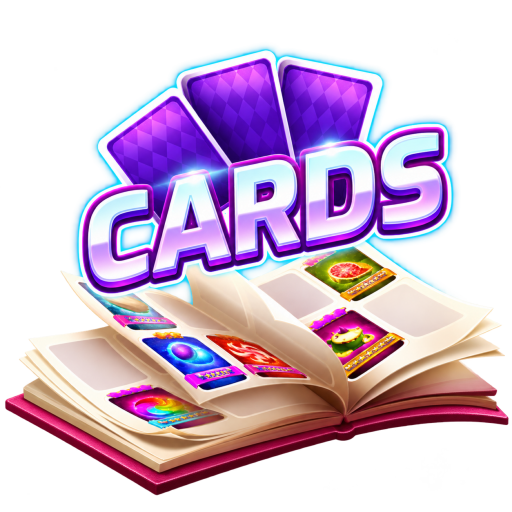 Collectibles card album with colorful cards and purple card backs