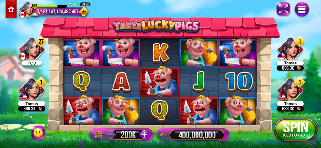 3 Lucky Pigs social casino slot gameplay