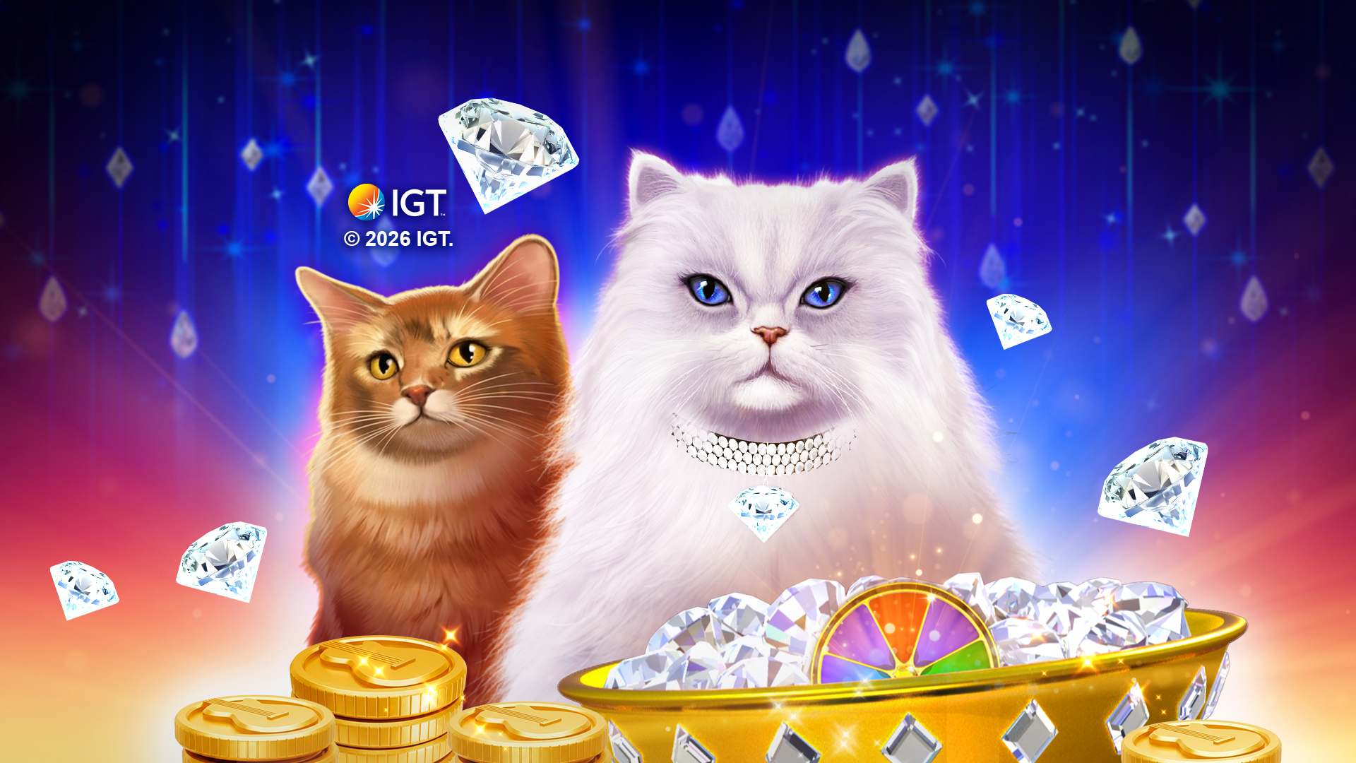 White and brown cats surrounded by diamonds in Kitty Glitter Grand artwork