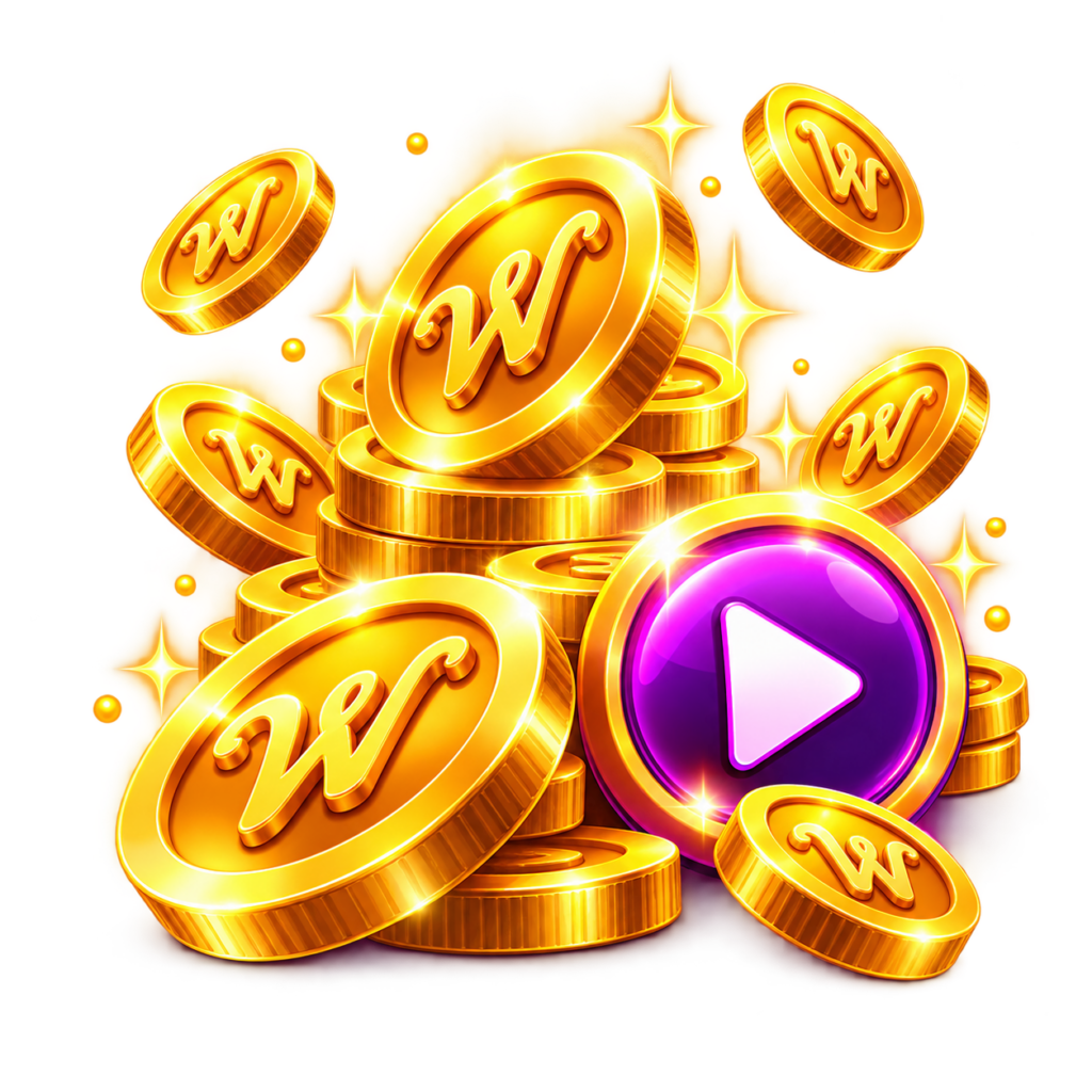 Gold game coins with a purple play symbol