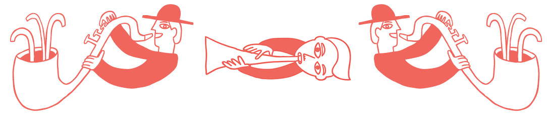 red line-art of characters playing music instruments