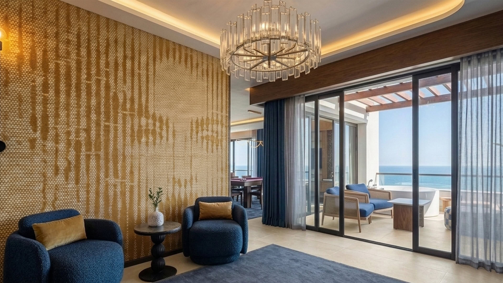a room with a chandelier and chairs