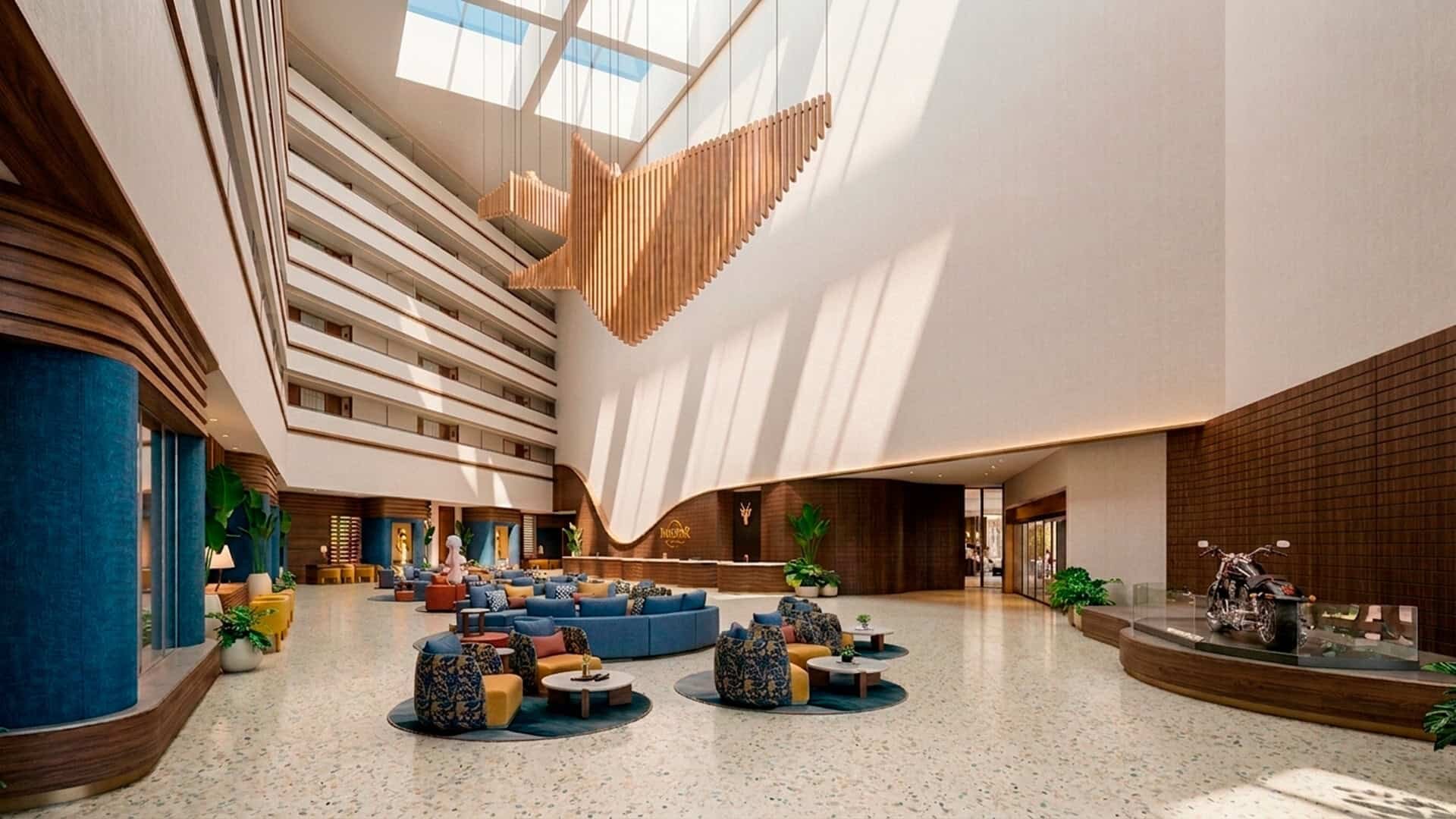 a large lobby with a large ceiling and a large ceiling