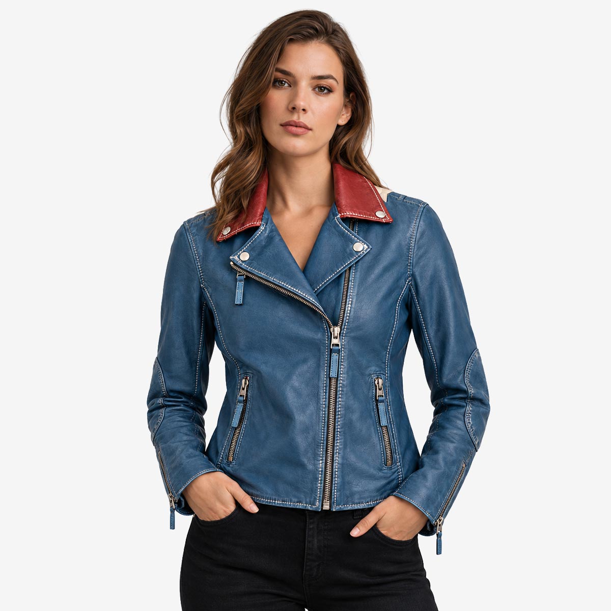 Ladies Fit Star Leather Jacket in Blue image number 2