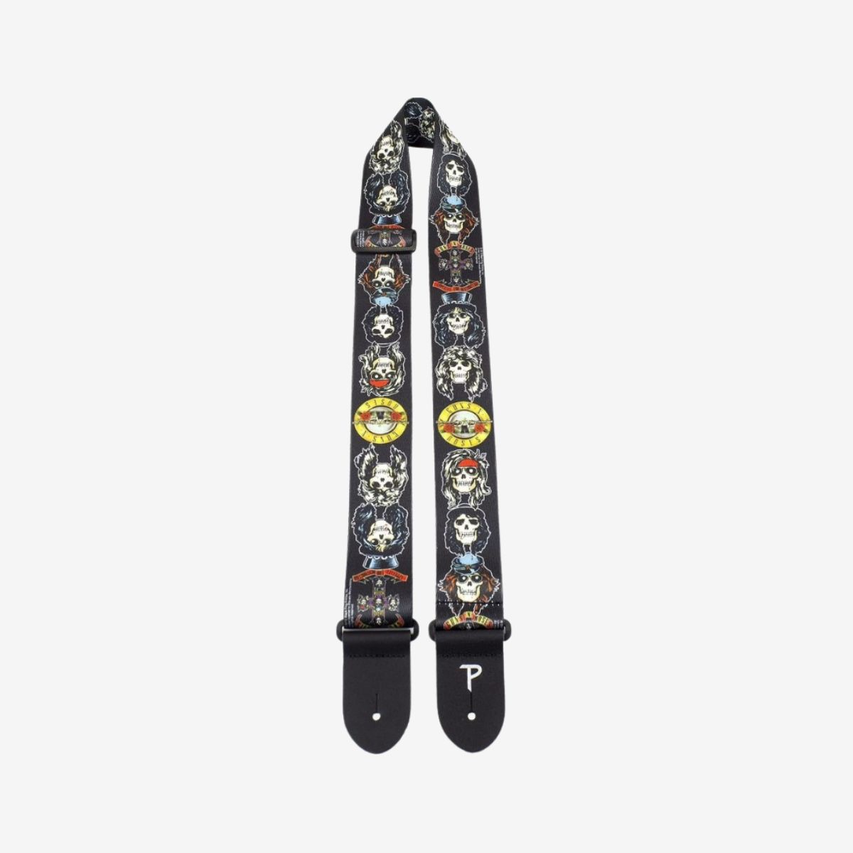 Black Guns N&rsquo; Roses Appetite For Destruction guitar strap featuring repeating skull faces, yellow logo circles, black adjustment hardware, and black end tabs. image number 1