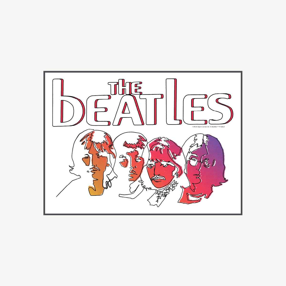 The Beatles Artist Series pin showing The Beatles name above four illustrated portraits in orange, red, pink, and purple with a thin rectangular border. image number 1