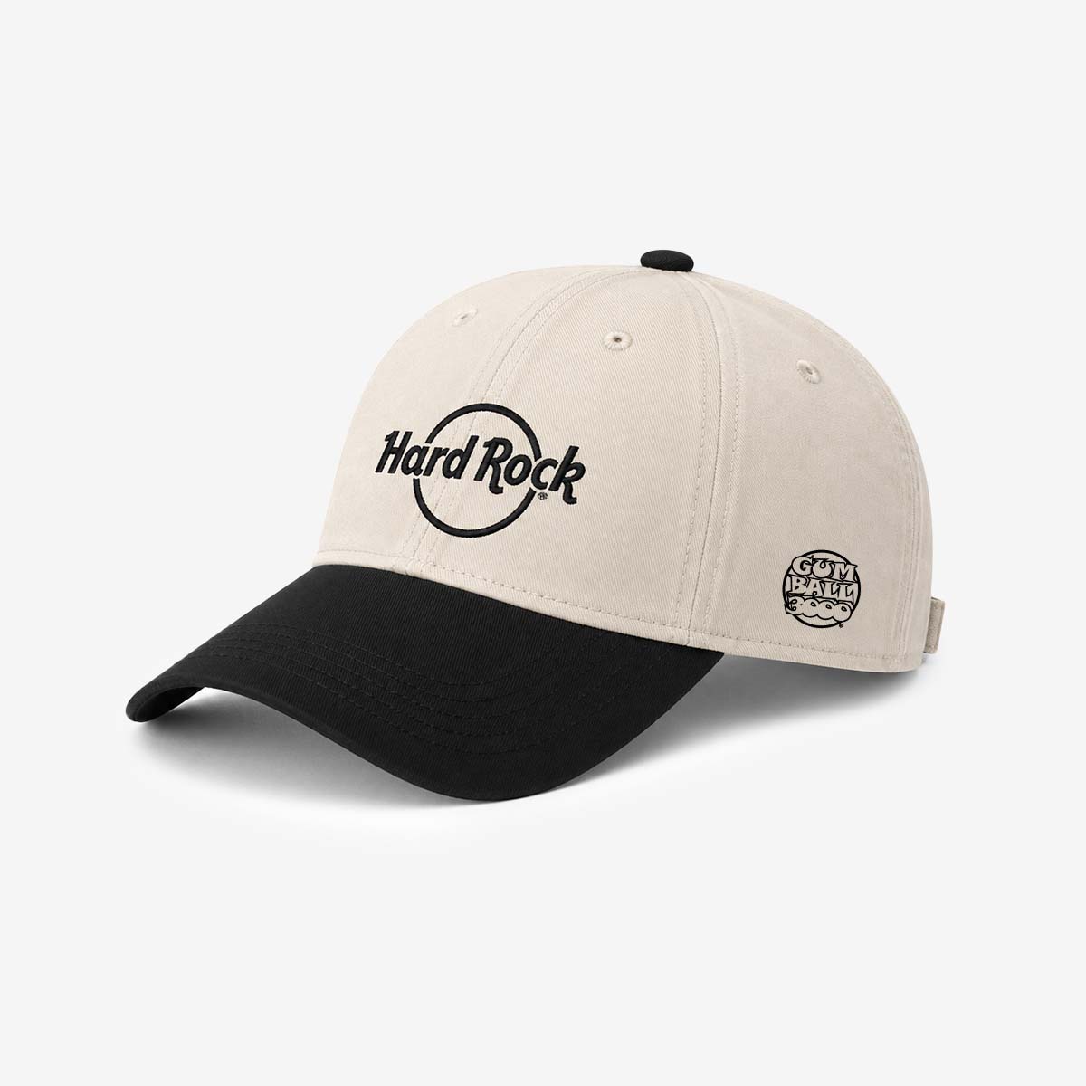 Stone washed two-tone hat with a natural crown, black curved brim, Hard Rock logo on the front, and Gumball 3000 logo on the side. image number 1
